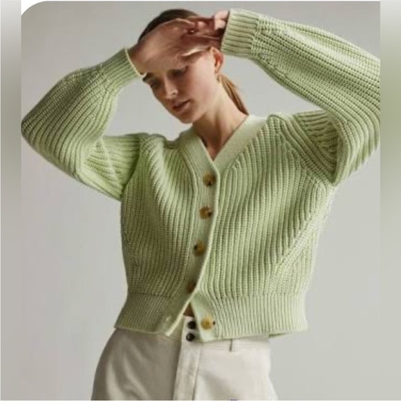 Everlane Sea Foam Green Chunky Knit Large Button-Up Cardigan Texture Cotton Sz S - Picture 3 of 12